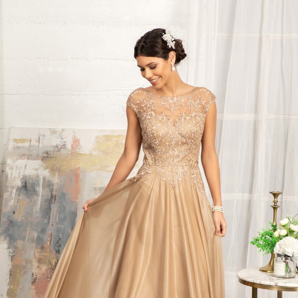 NEW A-LINE CHIFFON DRESS WITH ZIP EMBROIDERED WITH LACE AND RHINESTONES GL3068